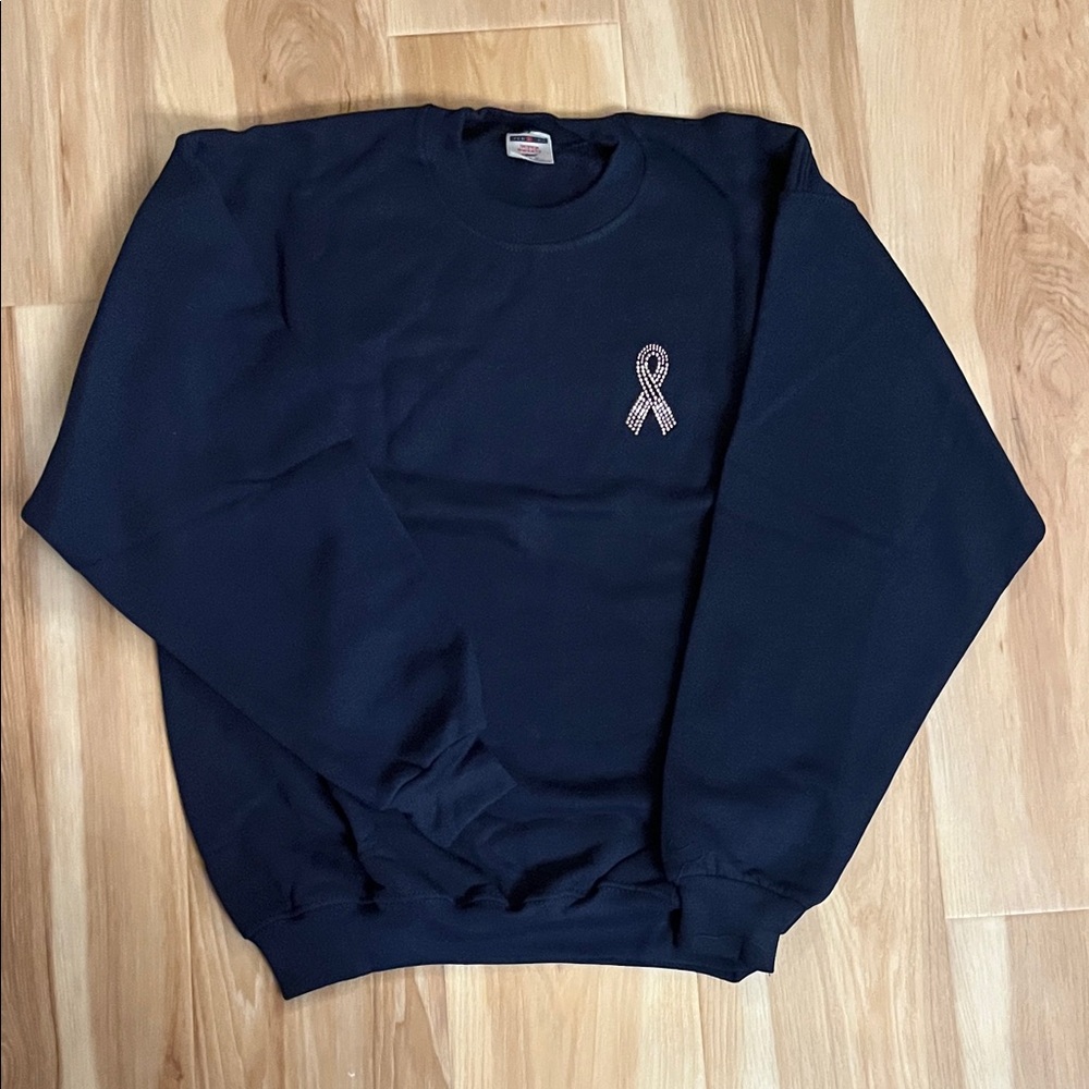 Classic Blue Sweatshirt with Rhinestone Ribbon